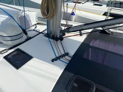 Deck of Virgo, a Dufour 470 sailboat at Olbia, Italy