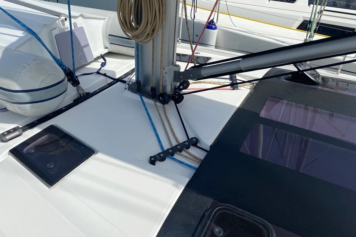 Deck of Virgo, a Dufour 470 sailboat at Olbia, Italy