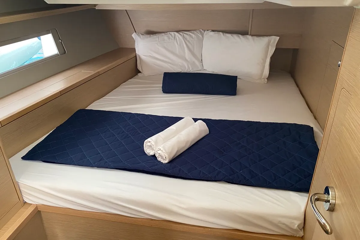 Cabin on Virgo, a Dufour 470 sailboat at Olbia, Italy