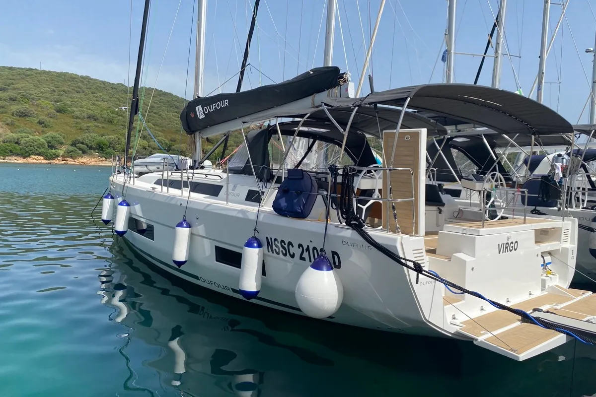 Exterior view of Virgo, a Dufour 470 sailboat at Olbia, Italy
