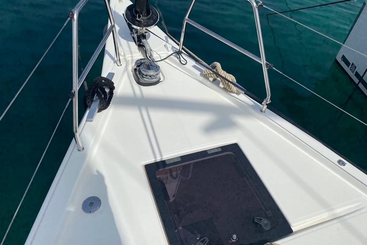 Deck of Virgo, a Dufour 470 sailboat at Olbia, Italy