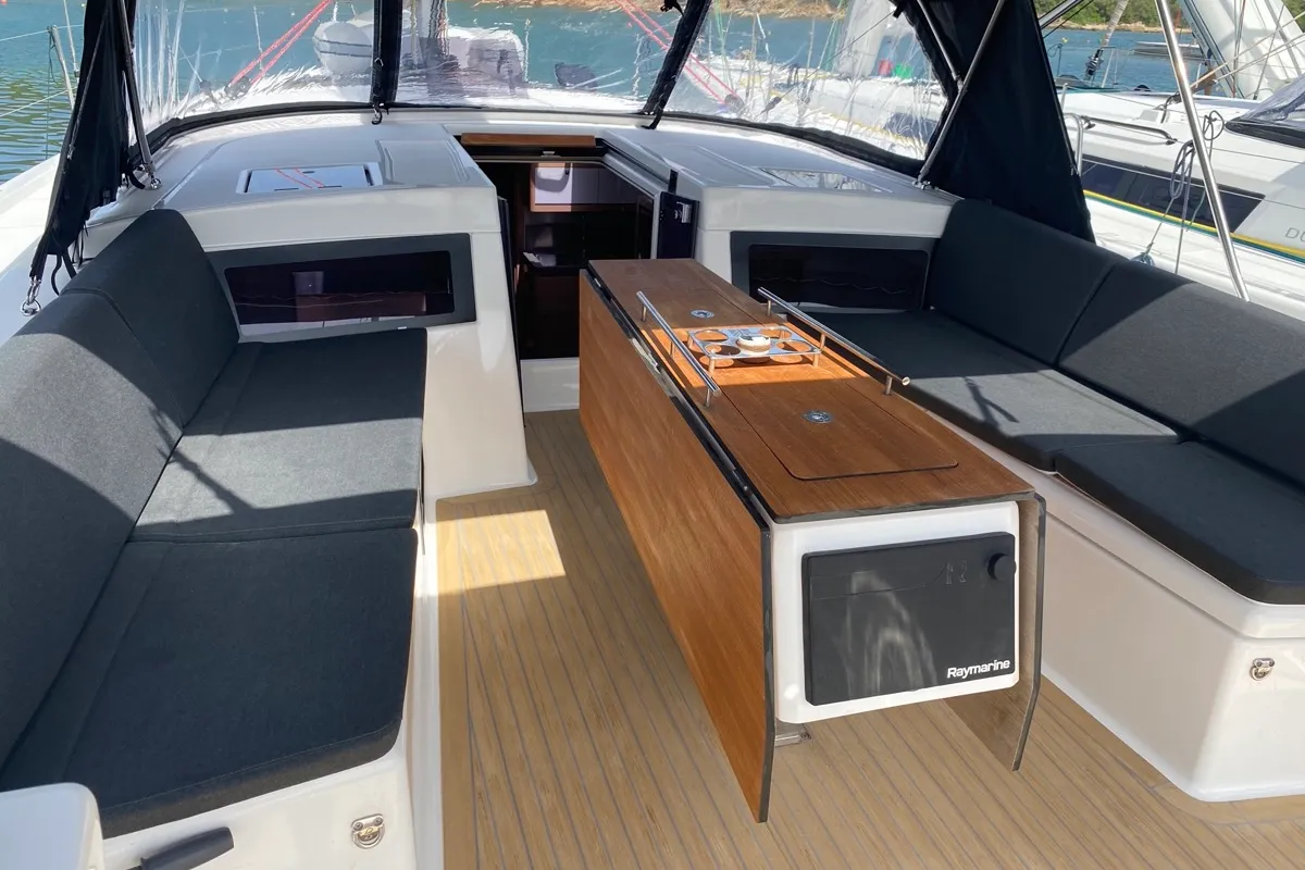 Deck of Virgo, a Dufour 470 sailboat at Olbia, Italy