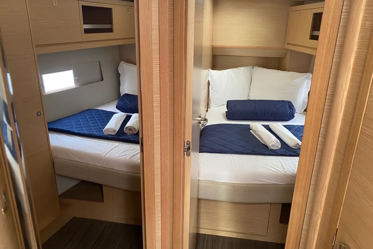 Cabin on Virgo, a Dufour 470 sailboat at Olbia, Italy