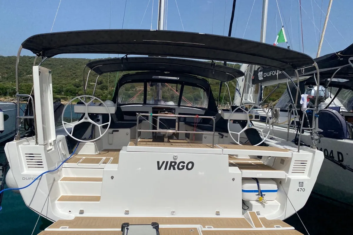 Exterior view of Virgo, a Dufour 470 sailboat at Olbia, Italy