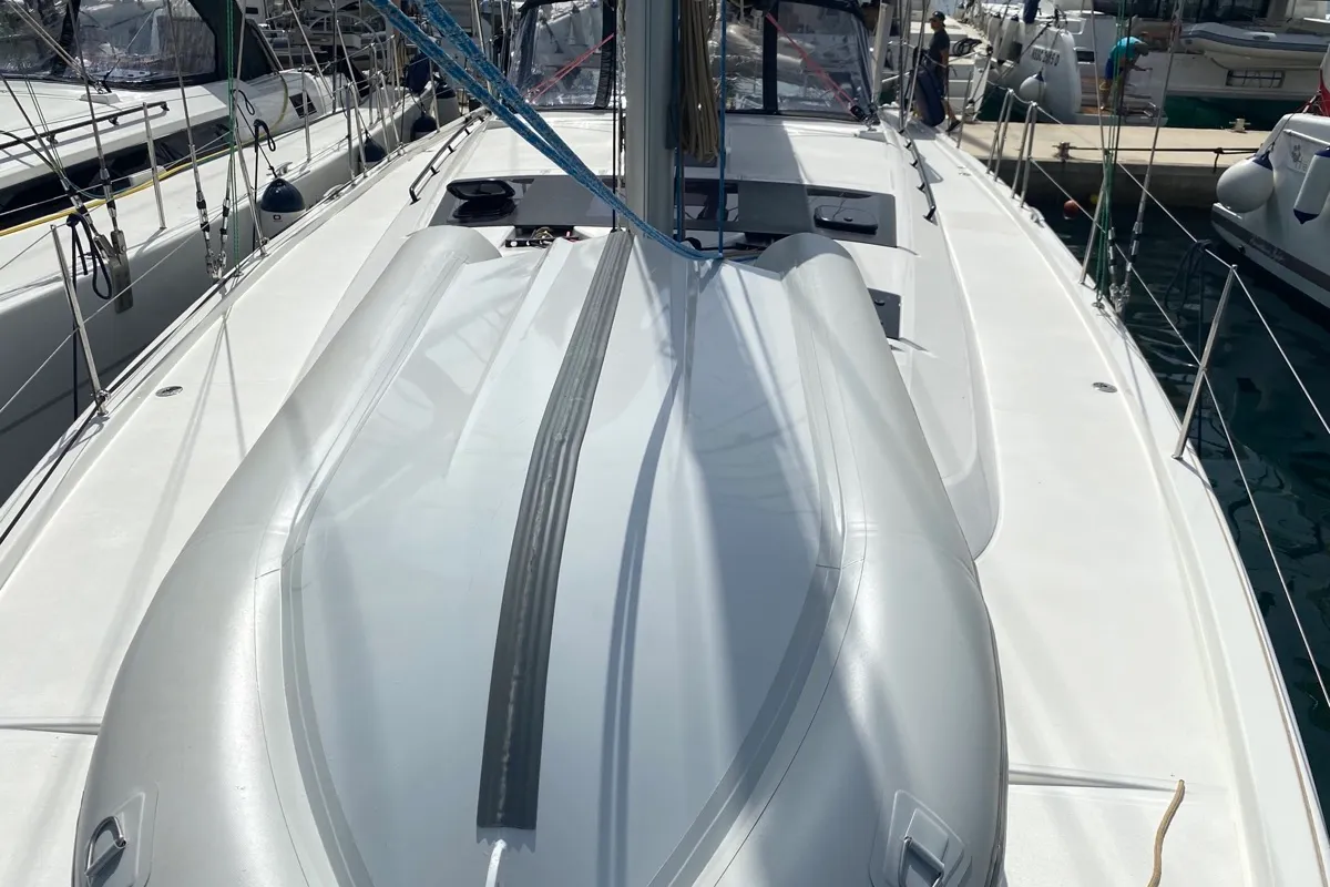 Deck of Virgo, a Dufour 470 sailboat at Olbia, Italy