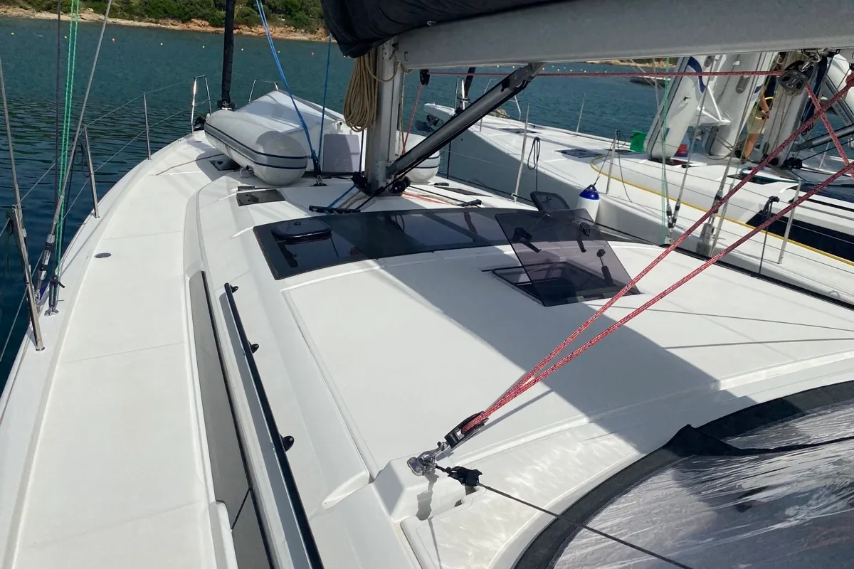 Deck of Virgo, a Dufour 470 sailboat at Olbia, Italy