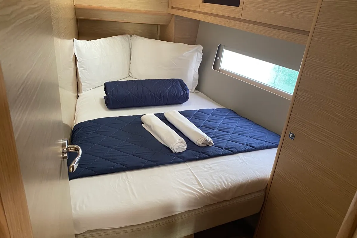 Cabin on Virgo, a Dufour 470 sailboat at Olbia, Italy