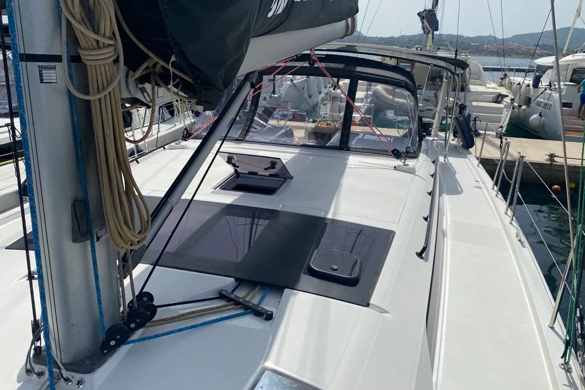 Deck of Virgo, a Dufour 470 sailboat at Olbia, Italy