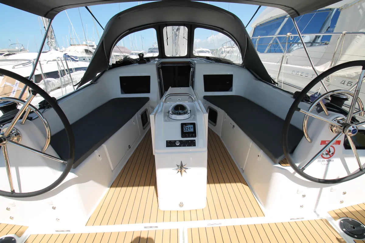 Cockpit of Bona Res, a Jeanneau Sun Odyssey 410 sailboat at Grad Biograd na Moru, Croatia