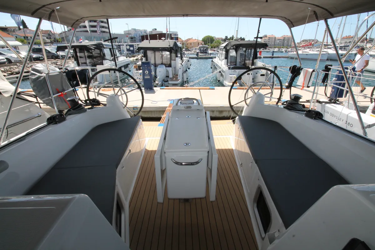 Cockpit of Bona Res, a Jeanneau Sun Odyssey 410 sailboat at Grad Biograd na Moru, Croatia