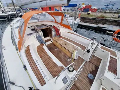 Deck of Athaman, a Delphia 47 sailboat at Gdańsk, Poland
