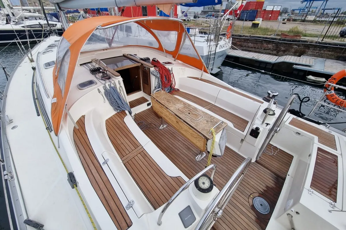 Deck of Athaman, a Delphia 47 sailboat at Gdańsk, Poland