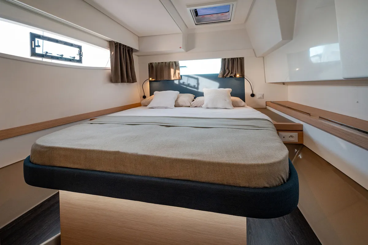 Cabin on Smeralda, a Fountaine Pajot Tanna 47 catamaran at Castellammare di Stabia, Italy