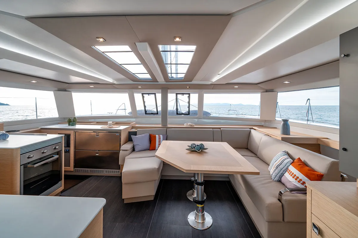 Salon of Smeralda, a Fountaine Pajot Tanna 47 catamaran at Castellammare di Stabia, Italy