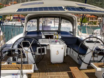 Cockpit of Brando, a Beneteau Oceanis 51.1 sailboat at Municipal Unit of Lefkada, Greece