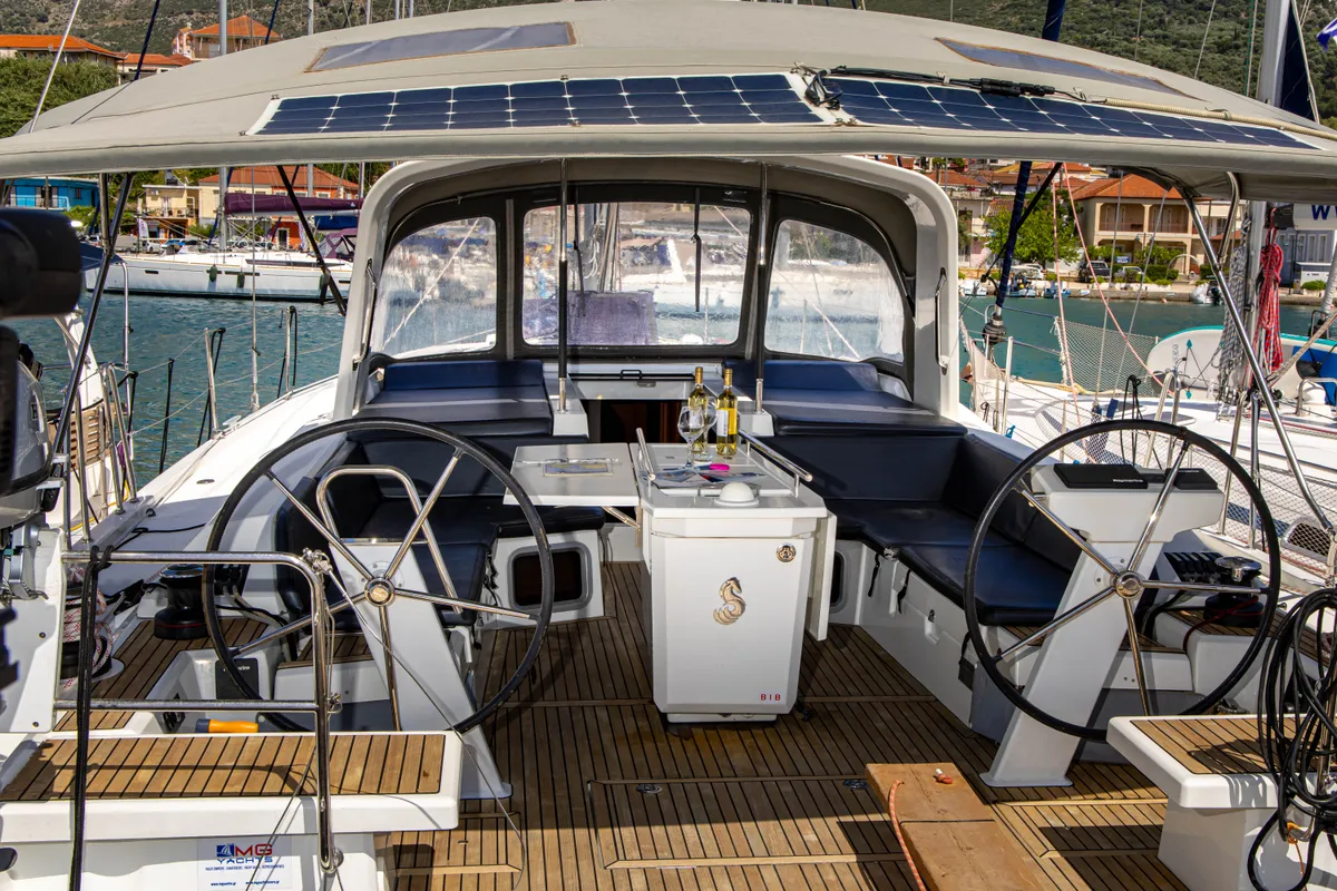 Cockpit of Brando, a Beneteau Oceanis 51.1 sailboat at Municipal Unit of Lefkada, Greece
