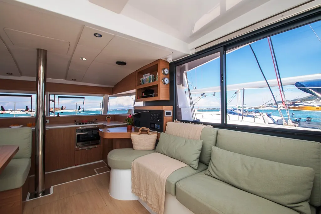 Salon of Skiouros II, a Bali Catspace catamaran at Municipal Unit of Ellomenos, Greece