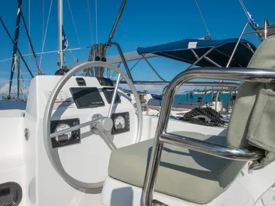 Cockpit of Skiouros II, a Bali Catsmart catamaran at Ellomenos, Greece