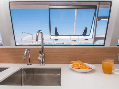 Galley of Skiouros II, a Bali Catsmart catamaran at Ellomenos, Greece