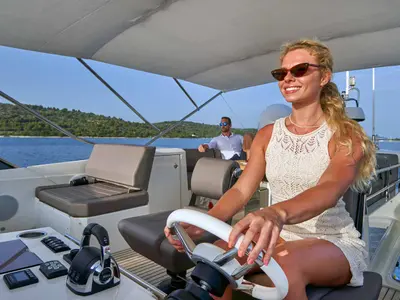 Cockpit of Simull, a Prestige 630S motor yacht at Trogir, Croatia