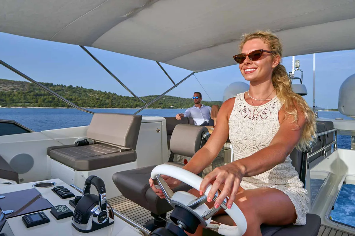 Simull, a Prestige 630S motor yacht at Grad Trogir, Croatia