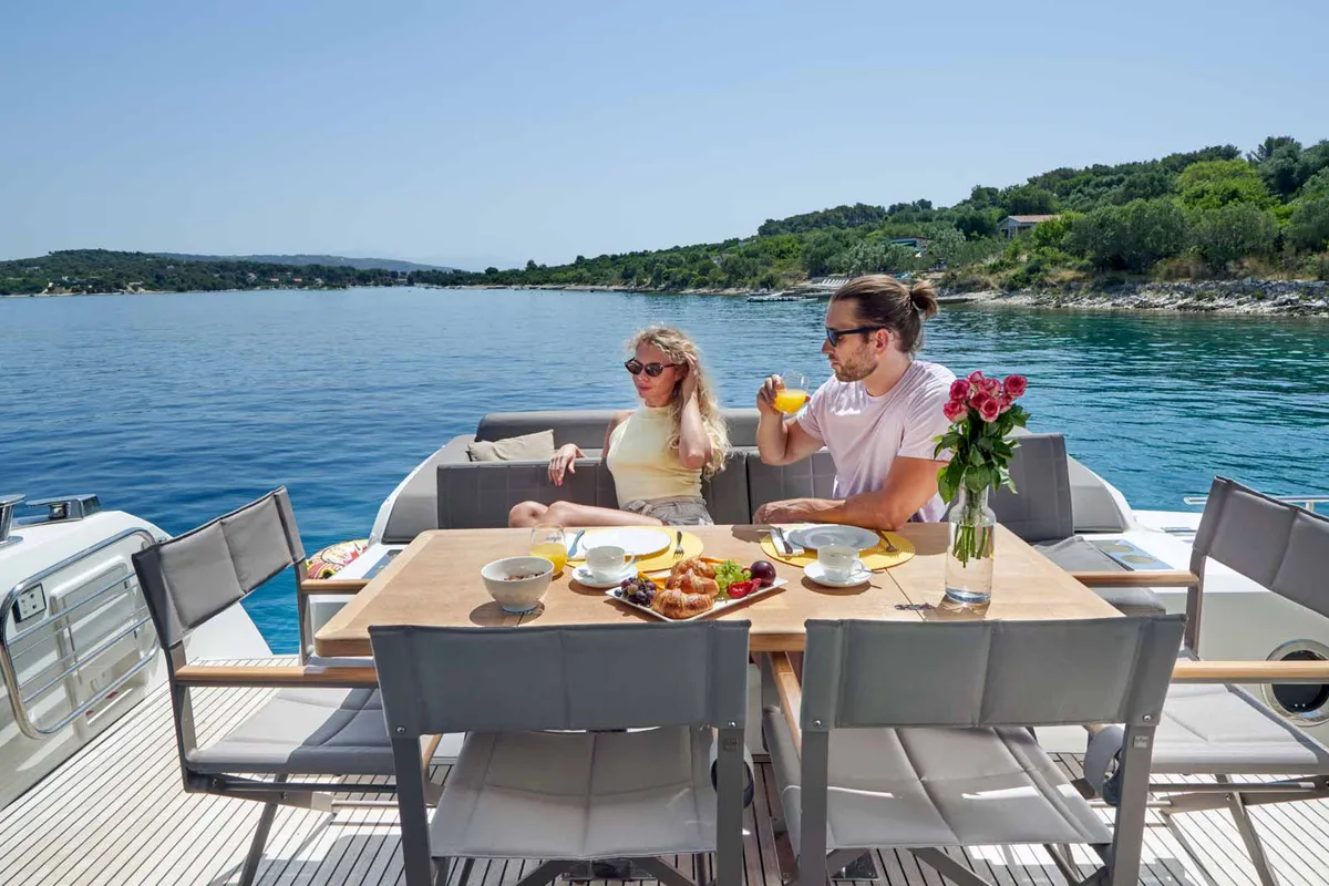 Simull, a Prestige 630S motor yacht at Grad Trogir, Croatia