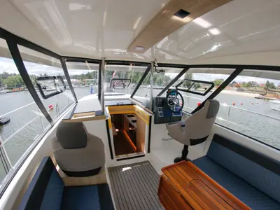 Cockpit of Nautika 1300 Royal, a Delphia Yachts Nautika 1300 motorboat at Wilkasy, Poland