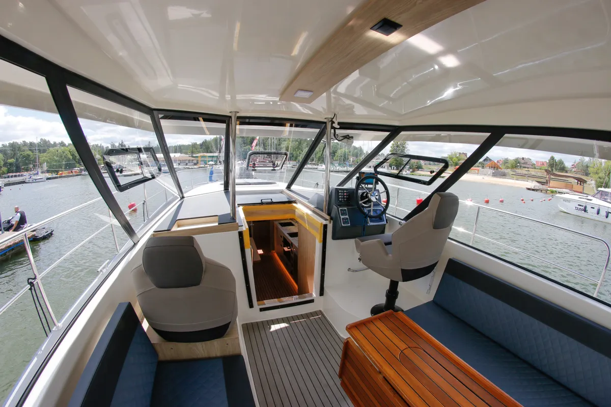 Cockpit of Nautika 1300 Royal, a Delphia Yachts Nautika 1300 motorboat at Wilkasy, Poland