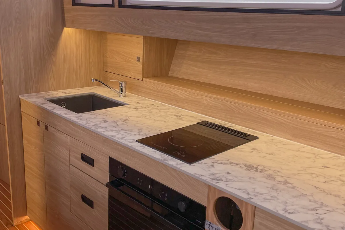 Galley of Nautika 1300 Royal, a Delphia Yachts Nautika 1300 motorboat at Wilkasy, Poland