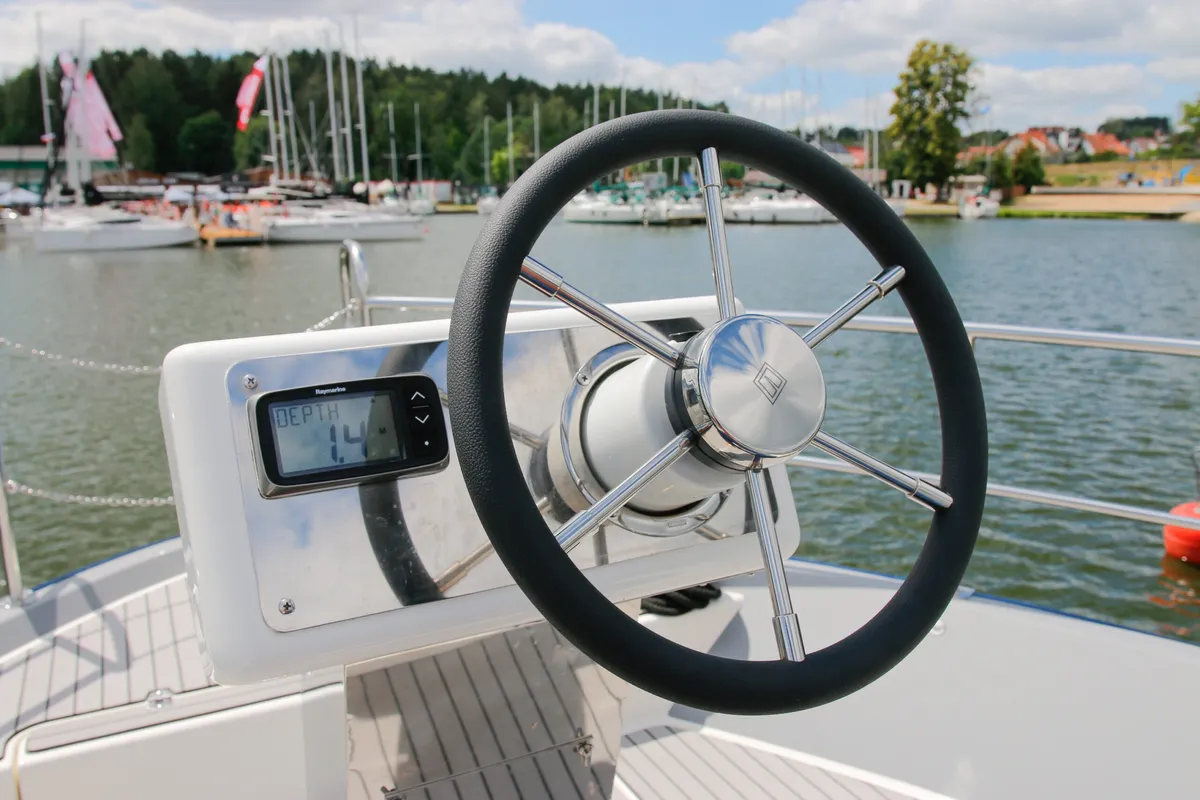 Deck of Nautika 1300 Royal, a Delphia Yachts Nautika 1300 motorboat at Wilkasy, Poland