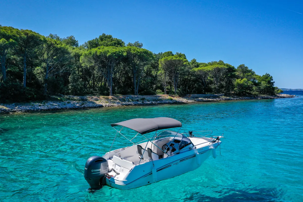 Exterior view of Galeon Galia 630, a motorboat at Mali Lošinj, Croatia