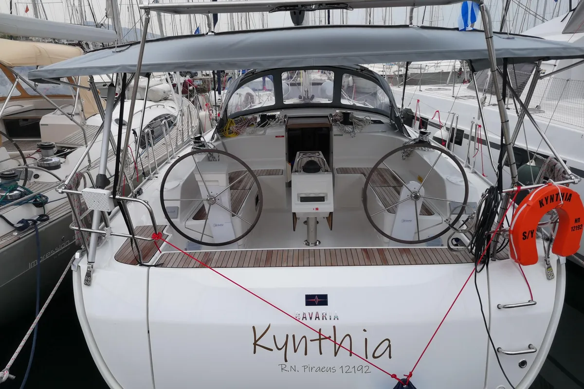 Exterior view of S/Y Kynthia, a Bavaria Cruiser 46 sailboat at Kos, Greece