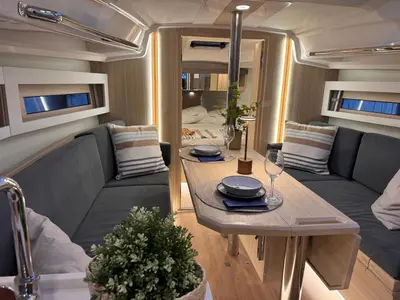 Salon of ALAS, a Northman Maxus 35 sailboat at Capo d'Orlando, Italy