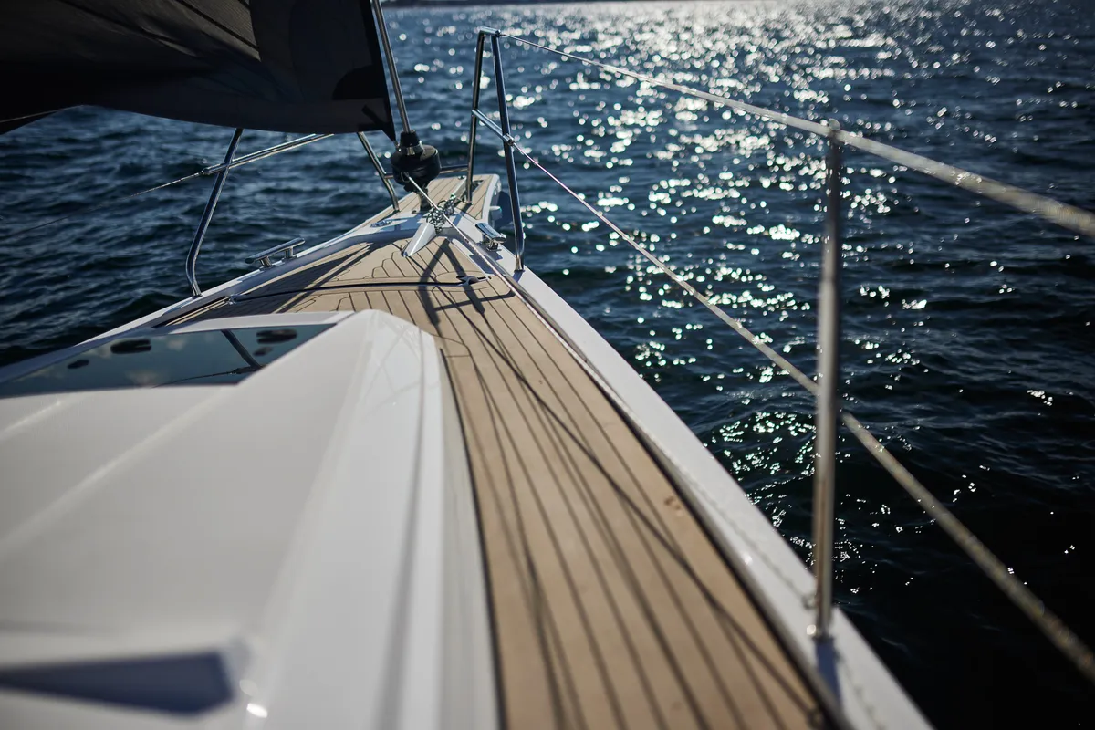 Deck of ALAS, a Northman Maxus 35 sailboat at Capo d'Orlando, Italy