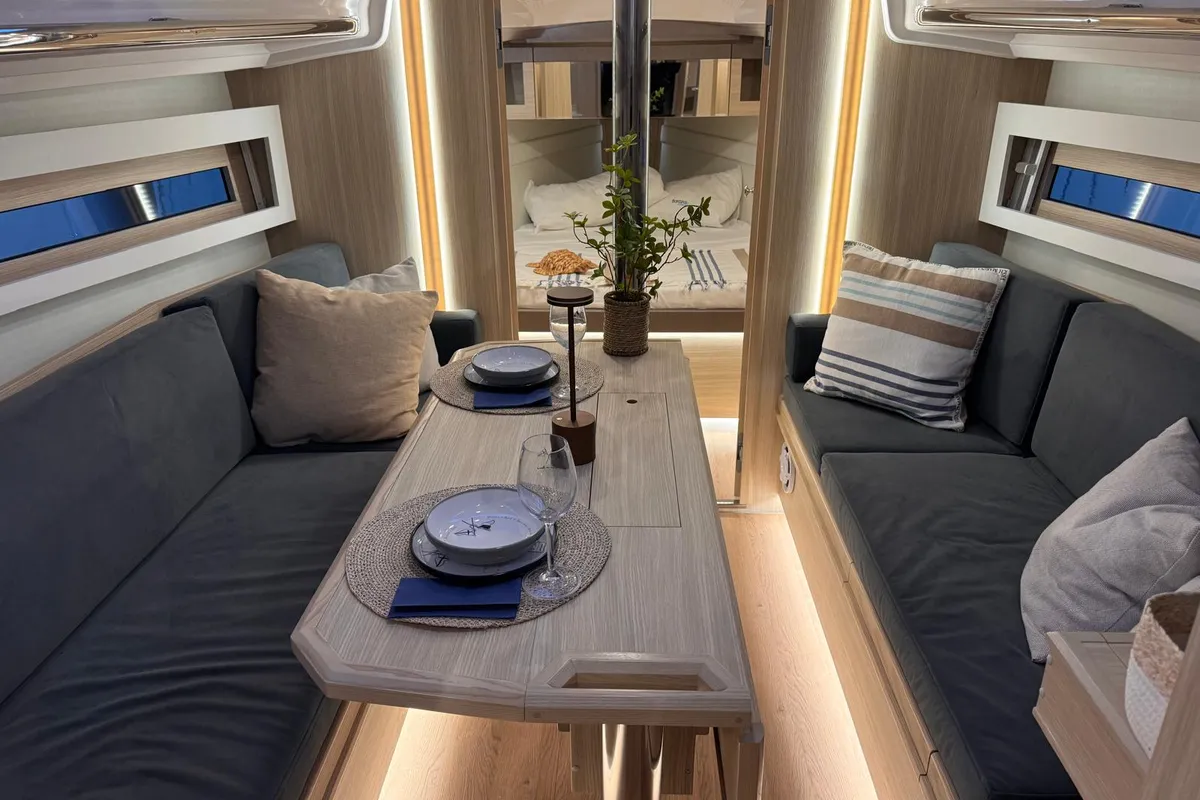 Salon of ALAS, a Northman Maxus 35 sailboat at Capo d'Orlando, Italy