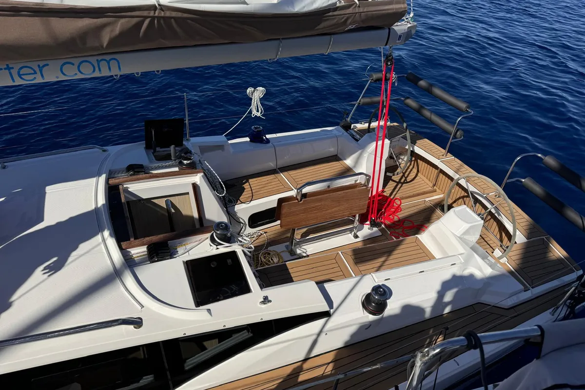 Cockpit of ALAS, a Northman Maxus 35 sailboat at Capo d'Orlando, Italy