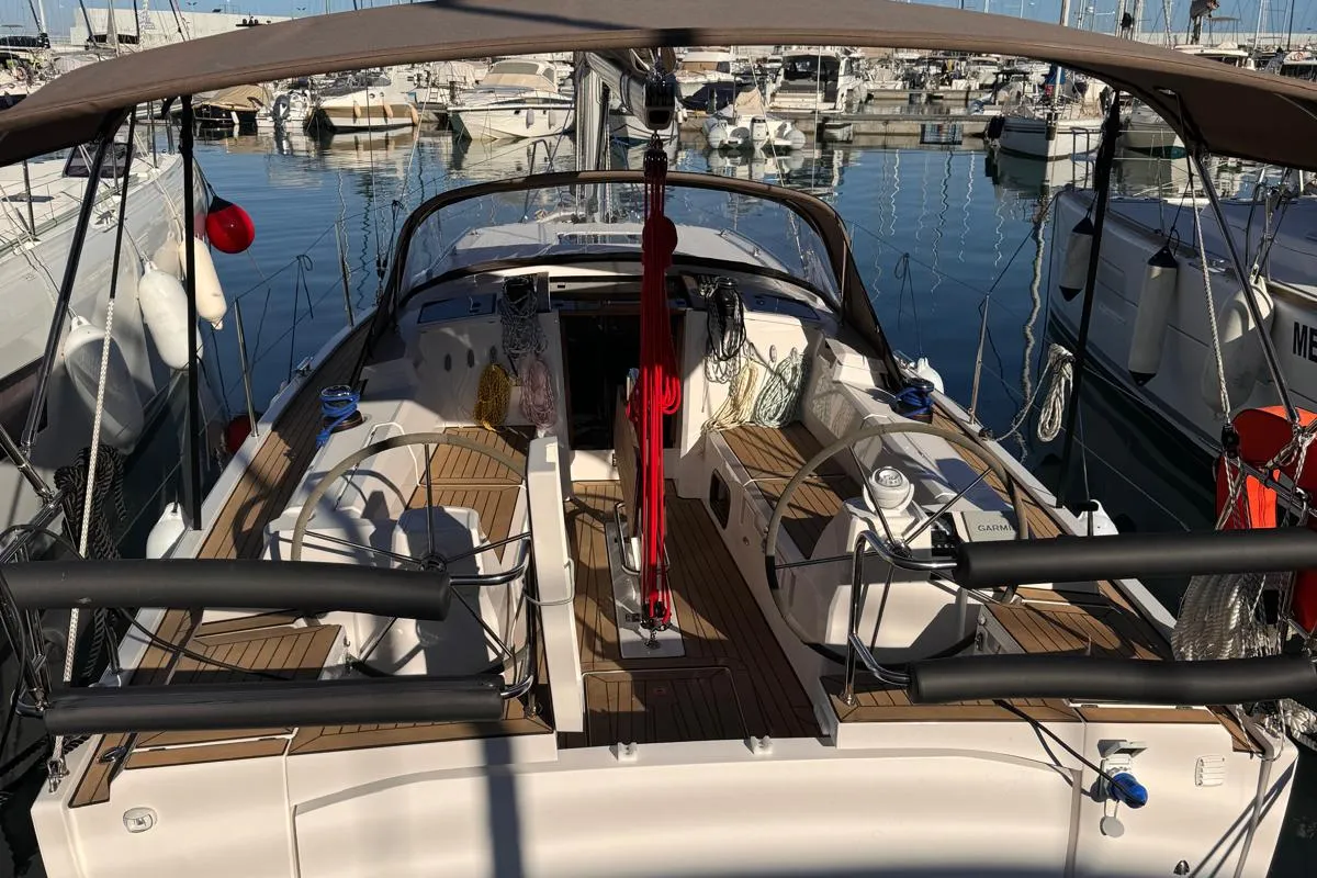 Cockpit of ALAS, a Northman Maxus 35 sailboat at Capo d'Orlando, Italy