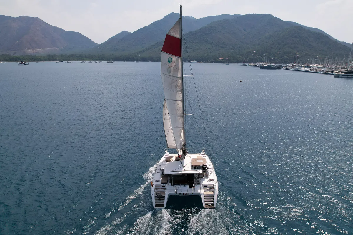 Exterior view of Rain Dogs, a Lagoon 421 catamaran at Marmaris, Turkey