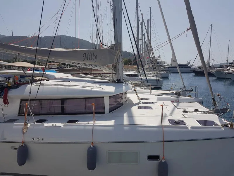 Exterior view of Rain Dogs, a Lagoon 421 catamaran at Marmaris, Turkey