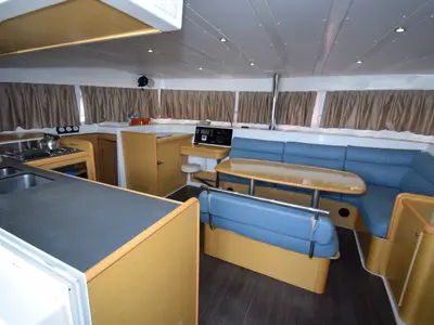 Galley of Rain Dogs, a Lagoon 421 catamaran at Marmaris, Turkey