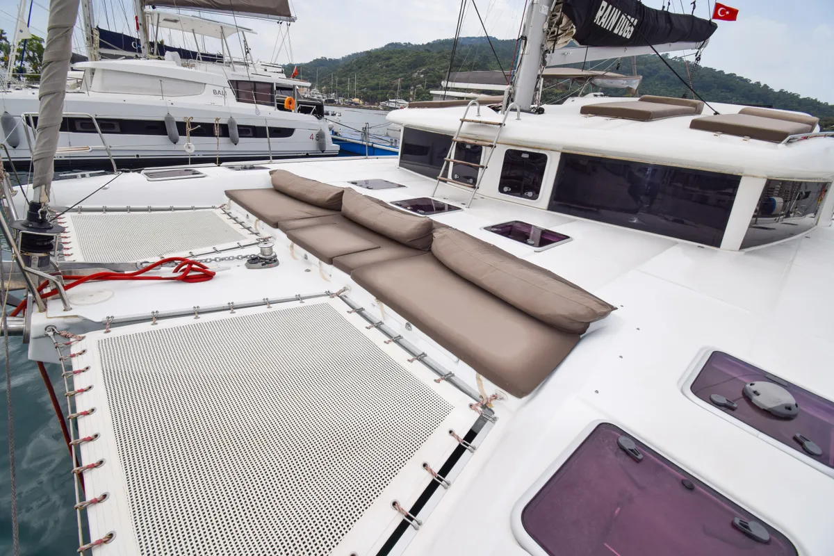Deck of Rain Dogs, a Lagoon 421 catamaran at Marmaris, Turkey