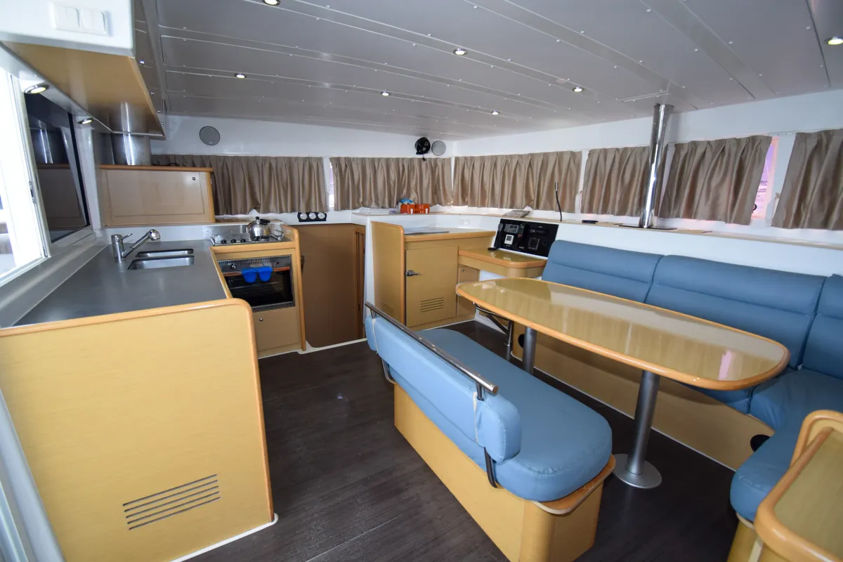 Deck of Rain Dogs, a Lagoon 421 catamaran at Marmaris, Turkey