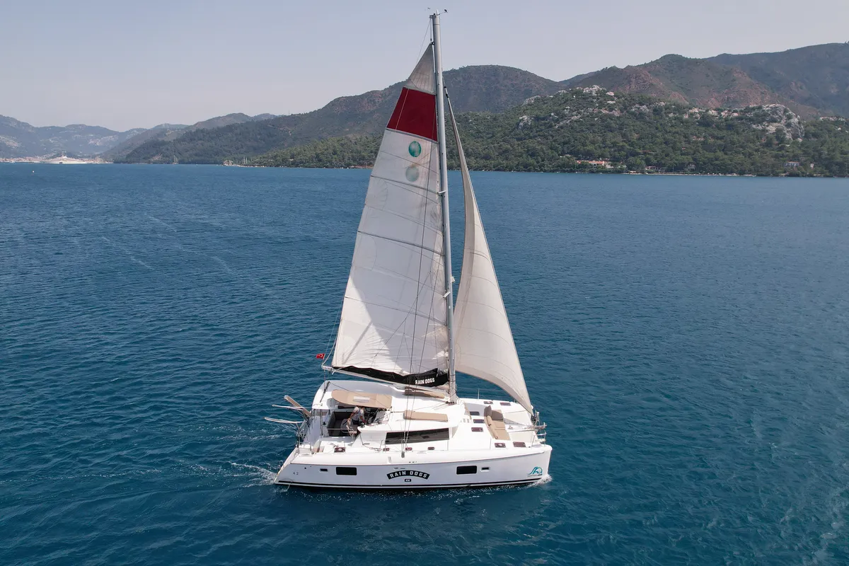 Deck of Rain Dogs, a Lagoon 421 catamaran at Marmaris, Turkey
