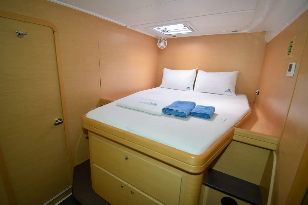 Exterior view of Rain Dogs, a Lagoon 421 catamaran at Marmaris, Turkey