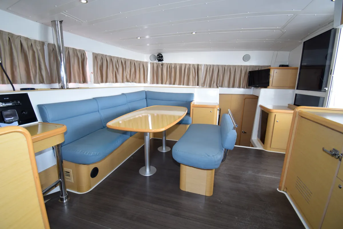 Salon of Rain Dogs, a Lagoon 421 catamaran at Marmaris, Turkey