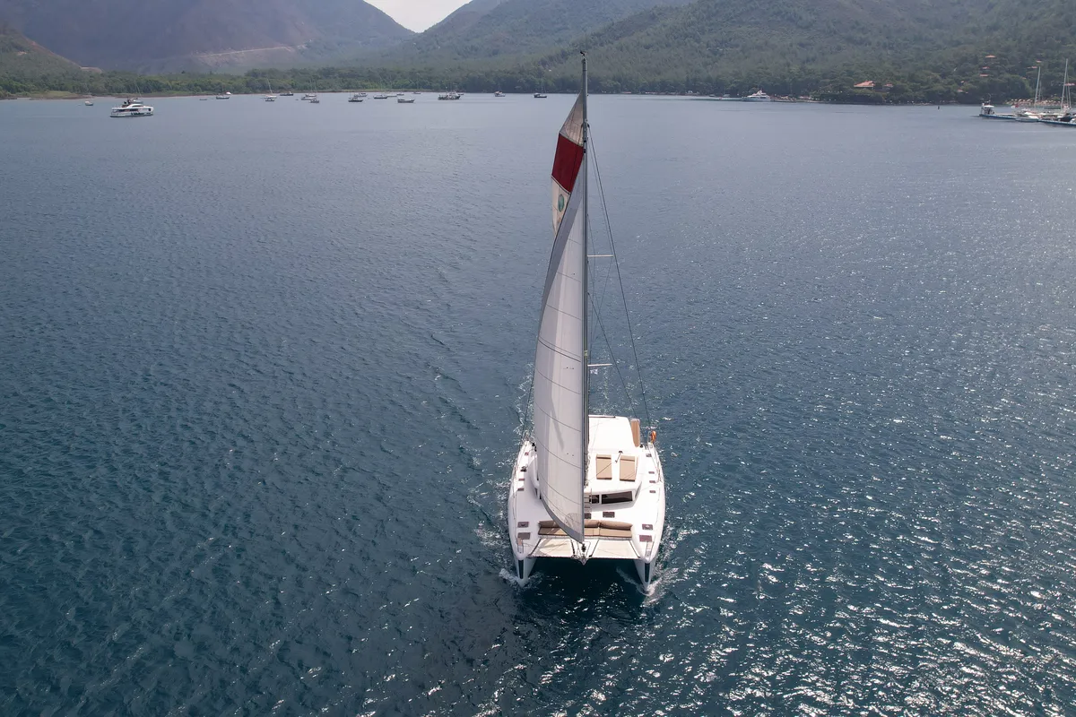 Exterior view of Rain Dogs, a Lagoon 421 catamaran at Marmaris, Turkey