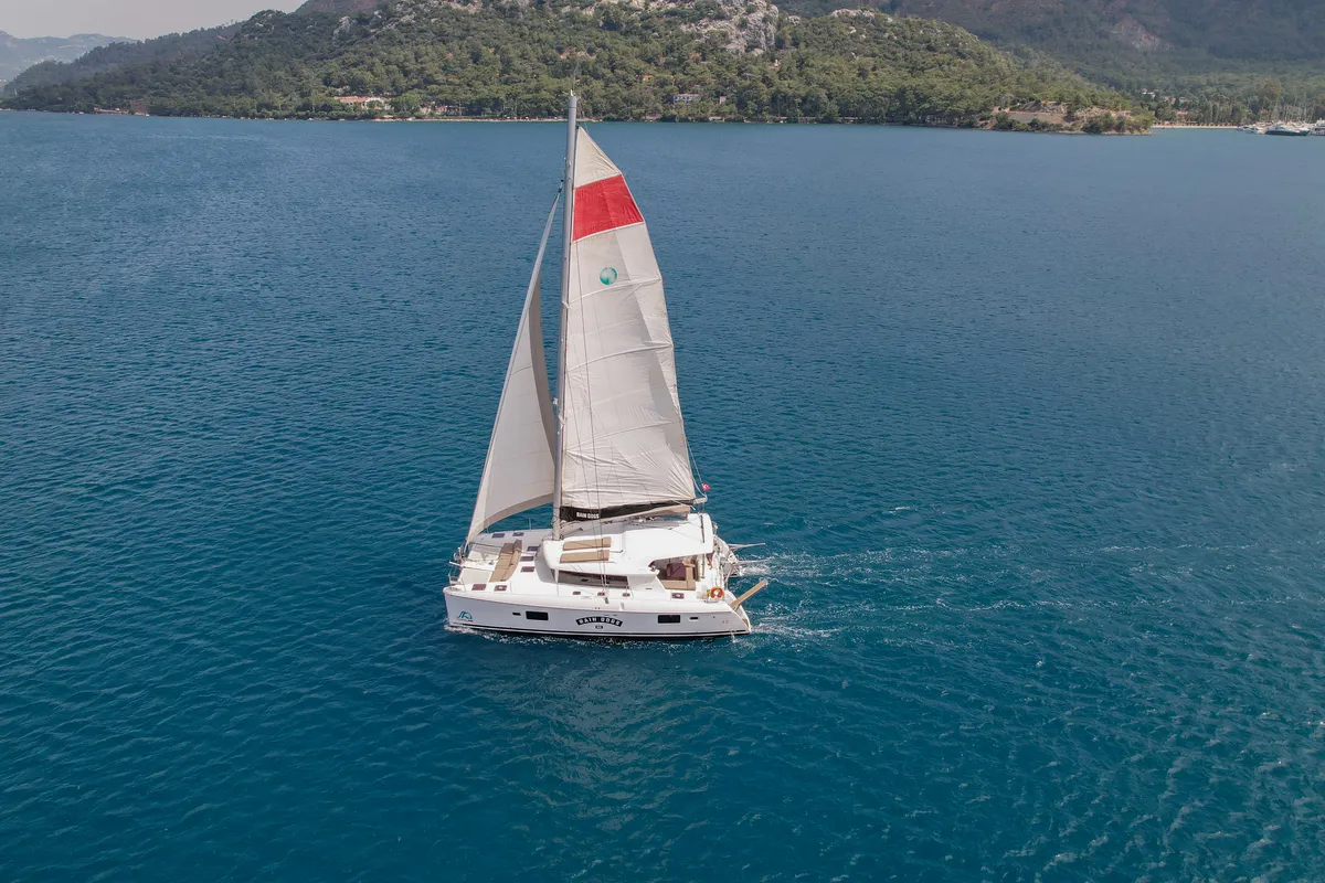 Exterior view of Rain Dogs, a Lagoon 421 catamaran at Marmaris, Turkey
