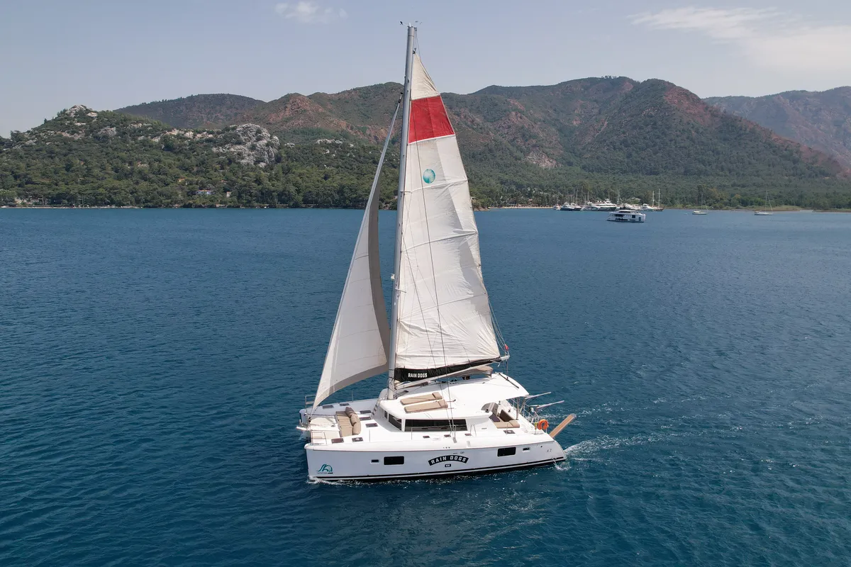 Deck of Rain Dogs, a Lagoon 421 catamaran at Marmaris, Turkey