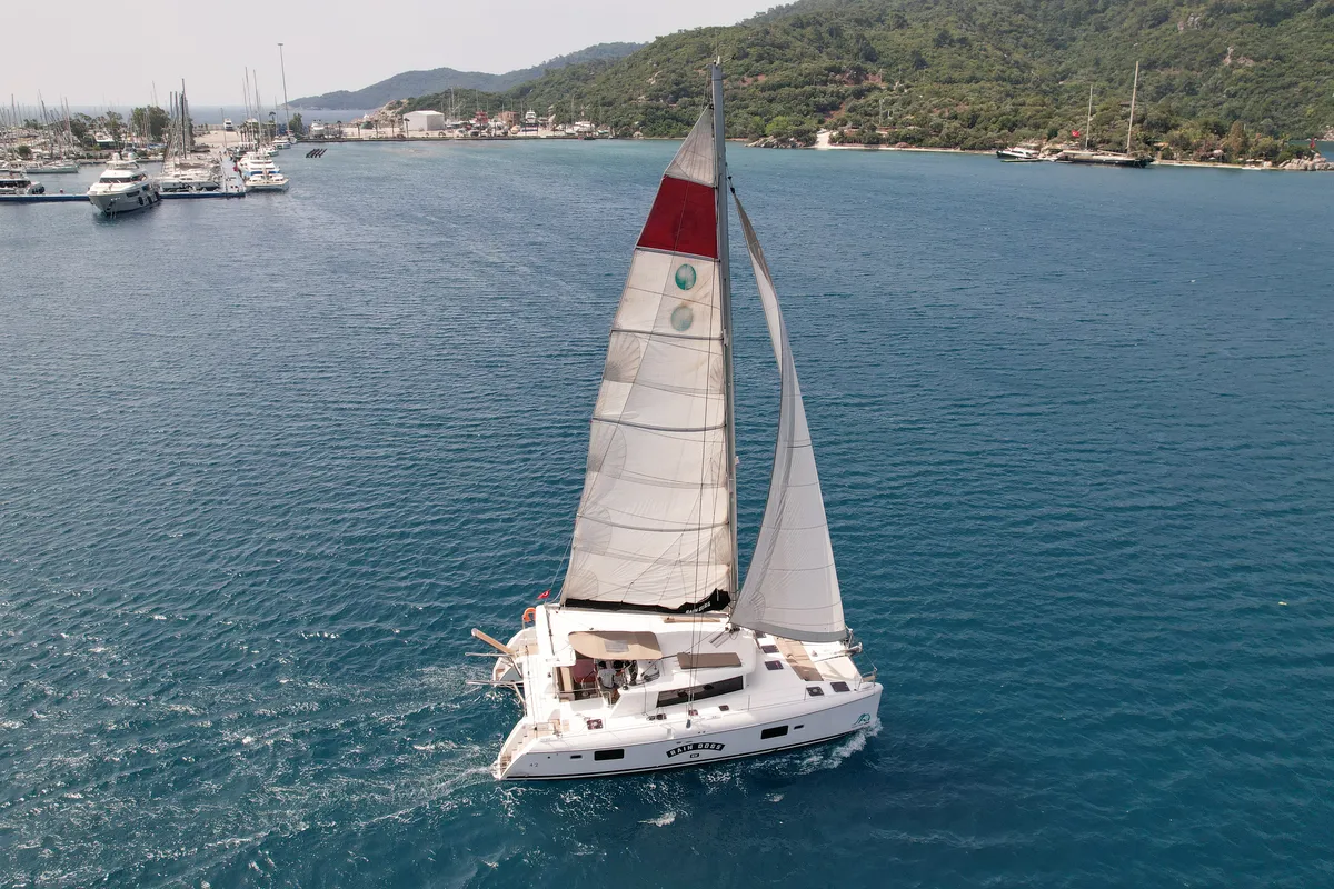 Exterior view of Rain Dogs, a Lagoon 421 catamaran at Marmaris, Turkey