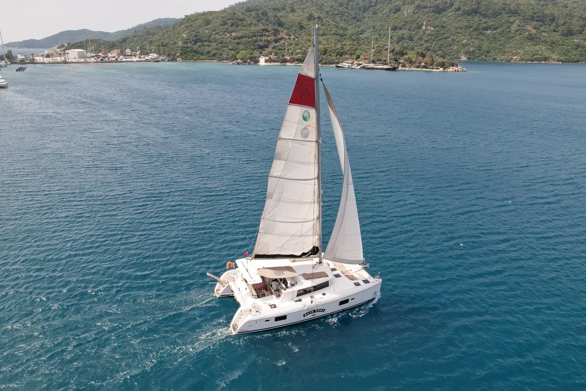 Exterior view of Rain Dogs, a Lagoon 421 catamaran at Marmaris, Turkey